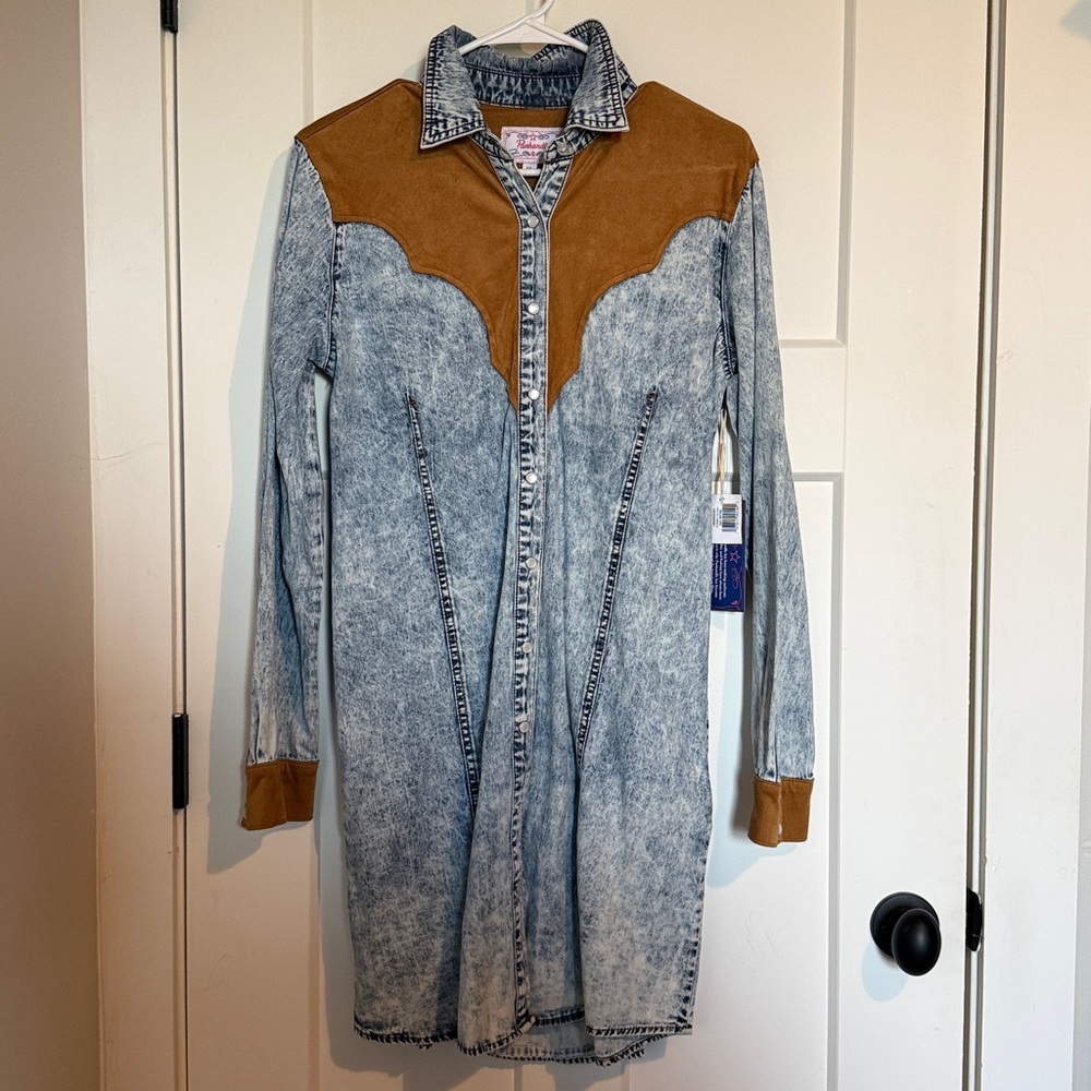 Acid Wash Denim Dress with Brown Suede Yoke NWT